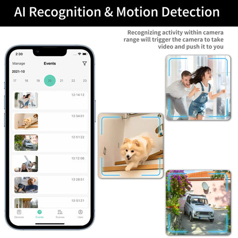 AI motion detection on phone screen, images of children, dog, and car captured by 2K Wireless Outdoor Security Camera With Spotlight.
