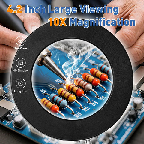 10X Real Glass Magnifier With LED Light And Clamp Desk Lamp 1800 Lumens Stepless Dimming 3 Color Modes 4.2 Inch Lens for close work