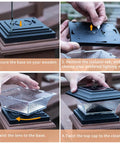 Installation steps for Solar Post Cap Lights For Outdoor Deck And Fence LED Post Caps With 9 Lighting Modes including base and lens twist.