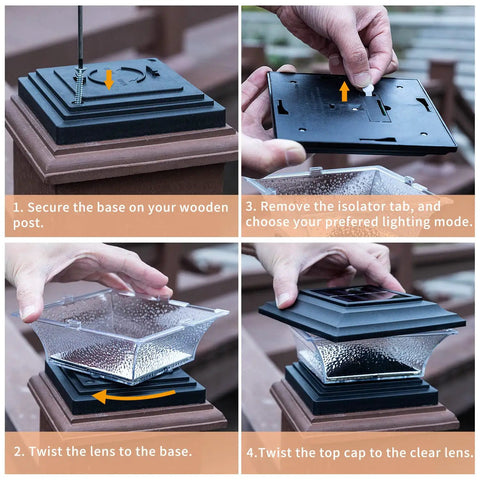 Installation steps for Solar Post Cap Lights For Outdoor Deck And Fence LED Post Caps With 9 Lighting Modes including base and lens twist.
