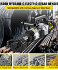 VEVOR Hydraulic Electric Rebar Bender 1.5 KW Handheld Bending Machine Pure Copper Motor with various steel bars background.