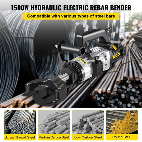 VEVOR Hydraulic Electric Rebar Bender 1.5 KW Handheld Bending Machine Pure Copper Motor with various steel bars background.