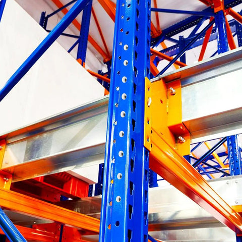Heavy Duty Metal Safety Latch Pins For Pallet Racks And Shelving Systems, 50-Piece Set shown on colorful warehouse structure