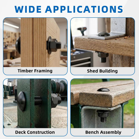 3/8-16 X 6 Carriage Bolt Kit With Nuts And Washers, Round Head Square Neck Bolts, 304 Stainless Steel, Full Thread, Black Finish, Heavy Duty Hardware Set For Furniture, Decks, Rails, Includes 4 Bolts, 4 Nuts, 4 Washers for timber framing and shed building