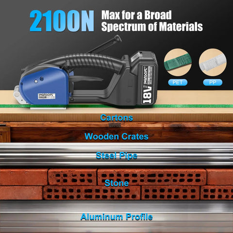 Heavy Duty Electric Strapping Tool With Dual Swappable 5000 Mah Batteries And Rapid Charge Support For Packaging 0.51 To 0.63 Inch Pp Pet Straps on various materials.