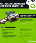 12 GPM Portable Oil Pump With Custom US Made Baldor Motor And Viton Seals, 1 NPT Ports, Hose Barbs, for Cold and High Viscosity Oils