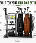 Heavy Duty Golf Bag Storage Rack For Two Bags With Shelves And Accessory Holders, shown with two golf bags, balls, and clubs