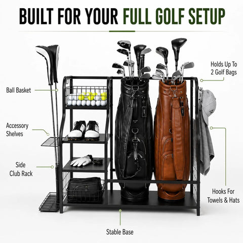 Heavy Duty Golf Bag Storage Rack For Two Bags With Shelves And Accessory Holders, shown with two golf bags, balls, and clubs