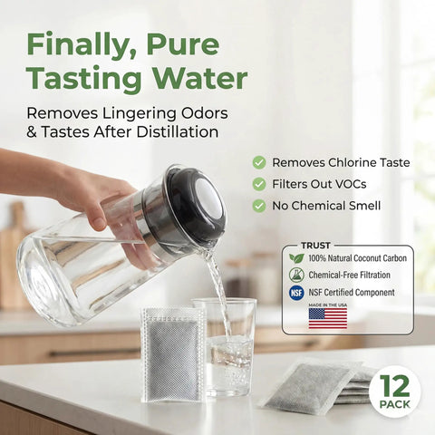Pouring water through activated charcoal filter sachets for countertop water distillers, coconut shell carbon, 12 pack, made in USA.