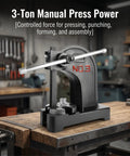 Heavy Duty Manual Arbor Press 3 Ton Desktop Punch Machine Cast Iron Hand Press for precision forming on a workbench.