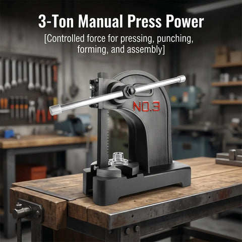 Heavy Duty Manual Arbor Press 3 Ton Desktop Punch Machine Cast Iron Hand Press for precision forming on a workbench.