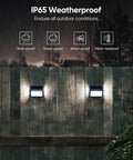 Lit 7 LED Solar Step Lights With 3 Sided Lenses Waterproof Stainless Steel Outdoor Lighting For Stairs Deck Fence Garden 8 Pack 5000K Cool White Durable Weatherproof All Weather Ready installed on a wooden fence under rain with weatherproof icons