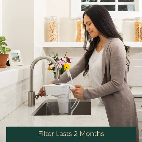 Woman using MINA Alkaline Water Filter 3 Pack For At Home Pitcher, Adds Minerals, Reduces Chlorine And Lead, BPA Free