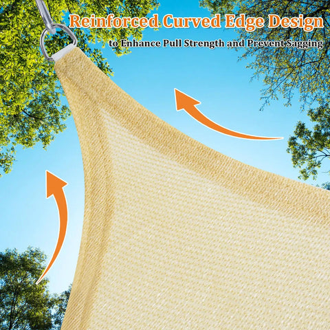 Triangle Sun Shade Sail 16 Foot By 16 Foot By 16 Foot Permeable Canopy showing corner with stainless D-ring and curved edge