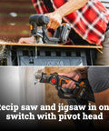 Cordless Reciprocating Saw And Jigsaw Powerhouse 20V Tool Includes Four Multi Material Blades for cutting wood and metal.