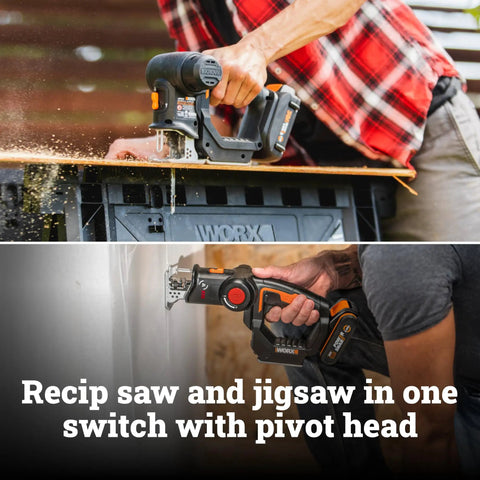 Cordless Reciprocating Saw And Jigsaw Powerhouse 20V Tool Includes Four Multi Material Blades for cutting wood and metal.