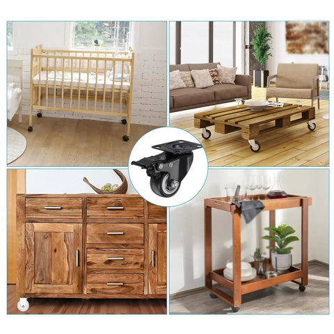 Heavy Duty Four Pack Two Inch Silent Glide Casters With Dual Lock Brakes Smooth Ball Bearing Swivel Wheels on furniture setups.