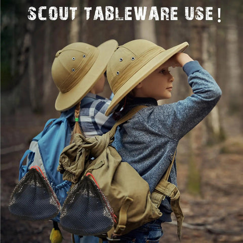 Children hiking with mesh bags carrying Lightweight Four Person Camping Mess Kit With 22 Oz Cup 7.87 Inch Plate And 5.9 Inch Bowl
