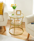 Round End Table With Charging Station And Glass Top, 2-Tier Gold Accent Side Table Between Sofas in Living Room