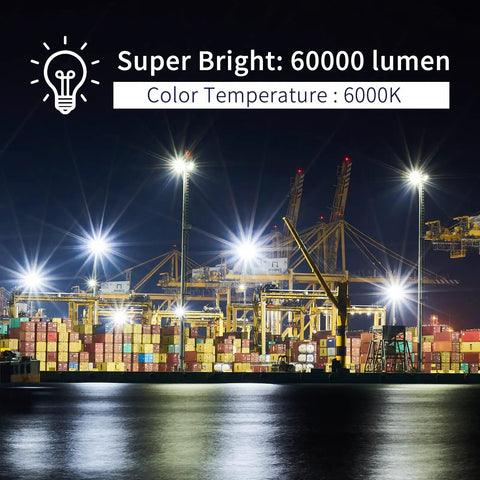 Heavy-Duty 600W LED Flood Light illuminating port with 60,000 Lumen Ultra-Bright Outdoor Security Lighting, 6000K, IP66 Waterproof