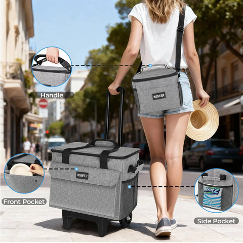 Person pulling Rolling Cooler With Mini Lunch Bag 50 Can Capacity Collapsible Hard Liner With Wheels in city setting
