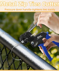 Heavy Duty Metal Zip Tie Kit With Gun, pro grade, used to secure metal ties on a fence, includes cutter release tool