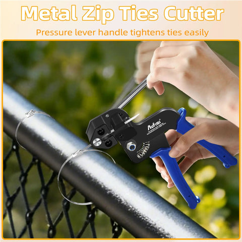 Heavy Duty Metal Zip Tie Kit With Gun, pro grade, used to secure metal ties on a fence, includes cutter release tool