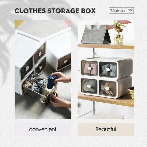 Kick It Organized With Top Tier Stackable Underwear Drawer Box featuring heavy duty PP plastic, showing organized socks in drawers.