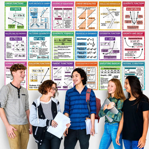 Students with 18 Pack High School Math Posters For Classroom Algebra And Core Concepts 14 By 11 Inch Educational Wall Decor on wall