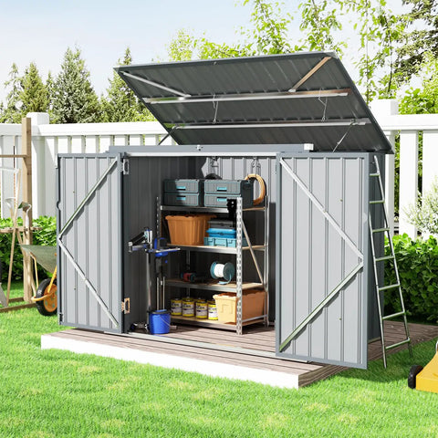 Heavy Duty 3 By 6 Ft Outdoor Storage Shed For Trash Cans And Bikes, Waterproof Garbage Can Organizer With Chain Lid, Dark Grey