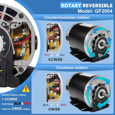 Diagram showing rotary reversible GF2054 blower motor rotation modes for Half HP 115V 1725 RPM 48 Frame Blower Motor Replacement For AO Smith GF2054 Packard 45012 Emerson 8200 GE BF4708 Universal 811 Baldor RSP3451A Dayton 4UE85