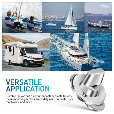 Built Tough Galvanized Turn Button Fasteners Twenty Pack Twist Lock Hardware displayed with boats and an RV on water.
