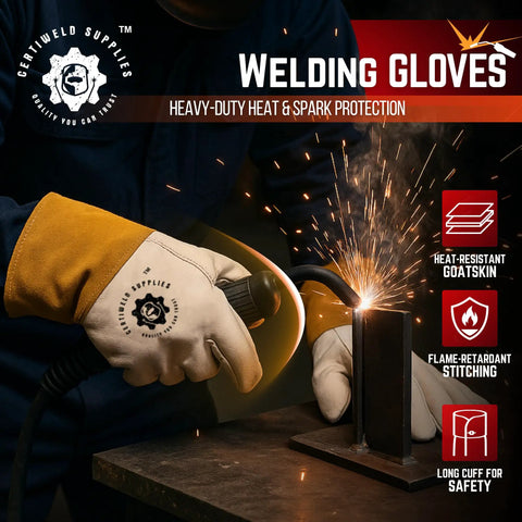 Heavy-Duty Leather Welding Gloves With Extended Cuff For Full Forearm Protection, Heat-Resistant Goatskin Work Gloves in action.
