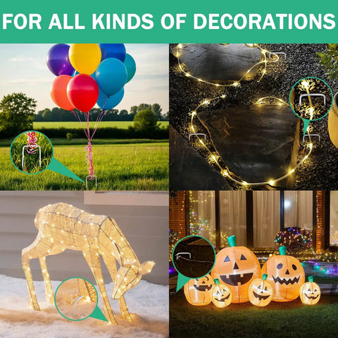 Collage of different decoration setups with balloons, string lights, lit deer figure, and illuminated pumpkins for festive display ideas.