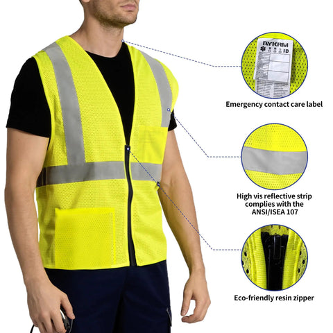 Straight Up Legit High Visibility Safety Vest Featuring Sick Breathable Mesh Ventilation And Broad Reflective Strapping For Ultimate 360 Awareness On Rough Job Sites And All Weather Shifts, shown zipped up with reflective strips.