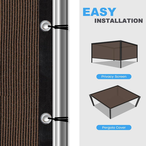 Close-up of 90 Percent UV Blocking Shade Cloth With Grommets For Pergola Patio And Garden, easy installation guide shown.