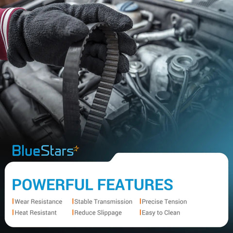 Gloved hand holding a replacement starter generator belt for Club Car DS, showing features and engine close-up