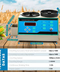 Cgoldenwall Automatic Grain Counter Machine Microcomputer Digital Scale For Rice Seeds Soybean Corn Wheat Sunflower Vegetables And Beans High Precision Adjustable Speed Lab Tool SLY Model Blue with digital display and two counting trays.