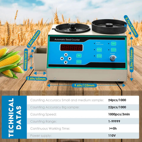 Cgoldenwall Automatic Grain Counter Machine Microcomputer Digital Scale For Rice Seeds Soybean Corn Wheat Sunflower Vegetables And Beans High Precision Adjustable Speed Lab Tool SLY Model Blue with digital display and two counting trays.