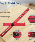 5-In-1 T Square Ruler 24 Inch Portable Drill Alignment Tool on wooden table, showing foldable design, clear scale, and bubble levels.