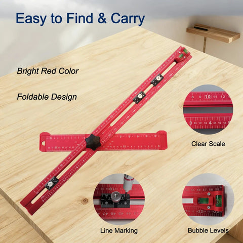 5-In-1 T Square Ruler 24 Inch Portable Drill Alignment Tool on wooden table, showing foldable design, clear scale, and bubble levels.