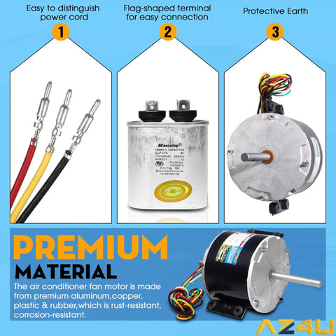 Replacement Fan Motor For Dometic Brisk Air II Genteq F48AF70A61, components and motor shown with wiring and terminal details.