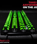 Grab And Go Portable Socket Organizer Tray With Black Rails And Green Clips That Holds Eighty Sockets, angled front view.