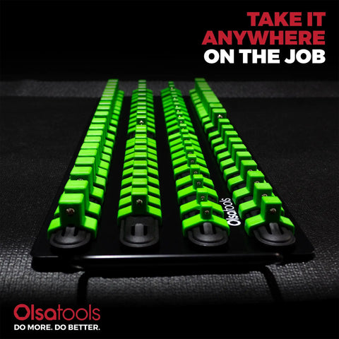 Grab And Go Portable Socket Organizer Tray With Black Rails And Green Clips That Holds Eighty Sockets, angled front view.