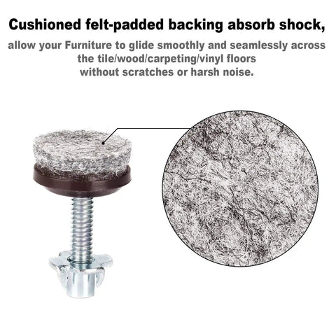Close-up of furniture leveler with felt pad, featuring 1/4-20 threaded shank and steel T nuts for No More Wobbly Tables And Chairs.
