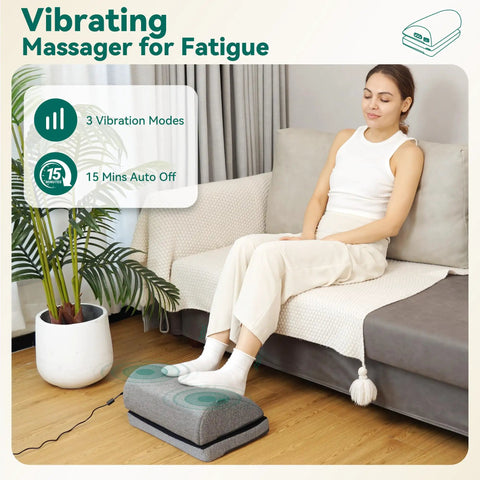 Under Desk Heated Foot Rest With Adjustable Height And Dual Heat Levels for office use in living room setting, woman on sofa.