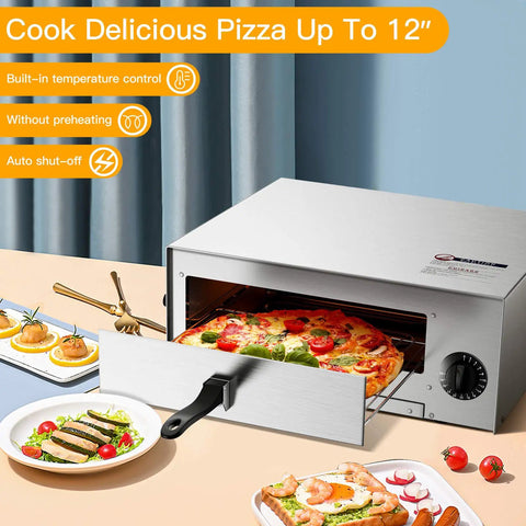 Stainless Steel Countertop Pizza Oven With Auto Shut Off, 12 Inch Capacity, 360 Degree Heating, Up Down Balance Heating