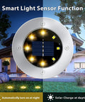 12 Pack 8 LED Solar Garden Lights Outdoor Waterproof IP65 disk lighting a yard with auto on/off feature showing night and day use.