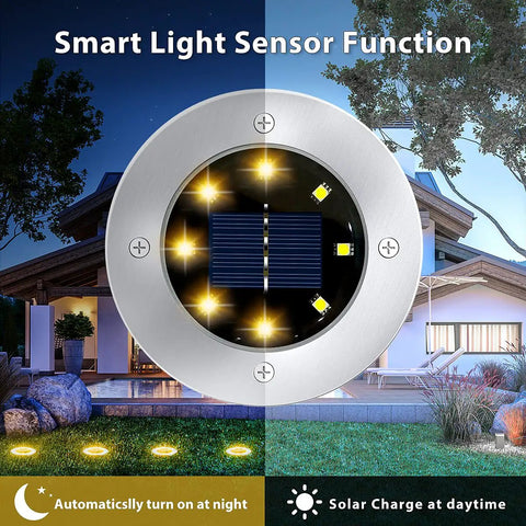12 Pack 8 LED Solar Garden Lights Outdoor Waterproof IP65 disk lighting a yard with auto on/off feature showing night and day use.