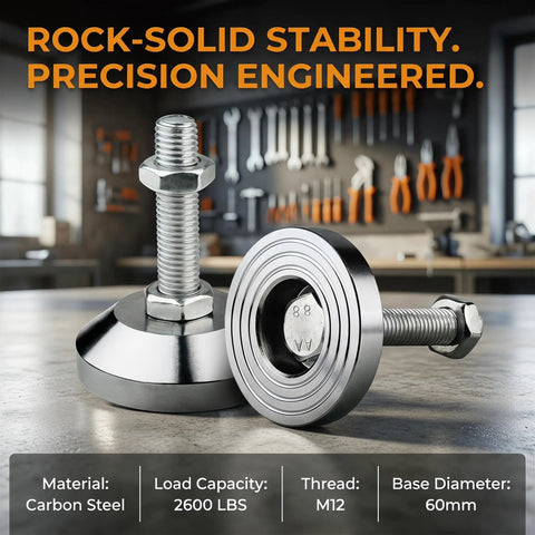 Beefy Heavy Duty Leveling Feet For Workbenches And Machinery, 2.36 Inch Base, M12 Thread, 2600 Lb Capacity, Silvery Finish